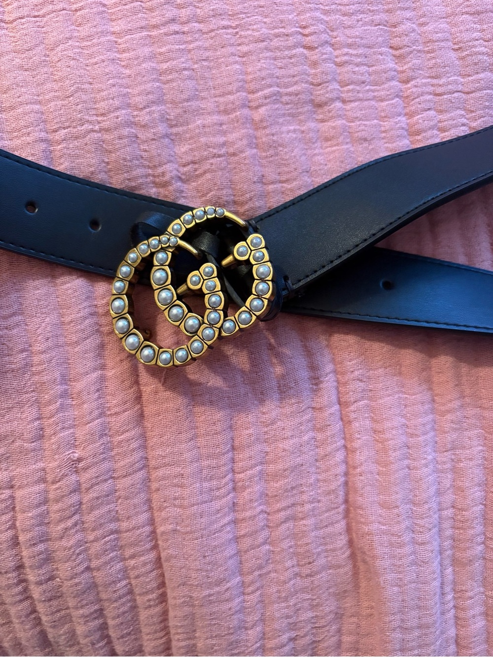 Women's Black Belt with Gold Pearl Interlocking GG Buckle